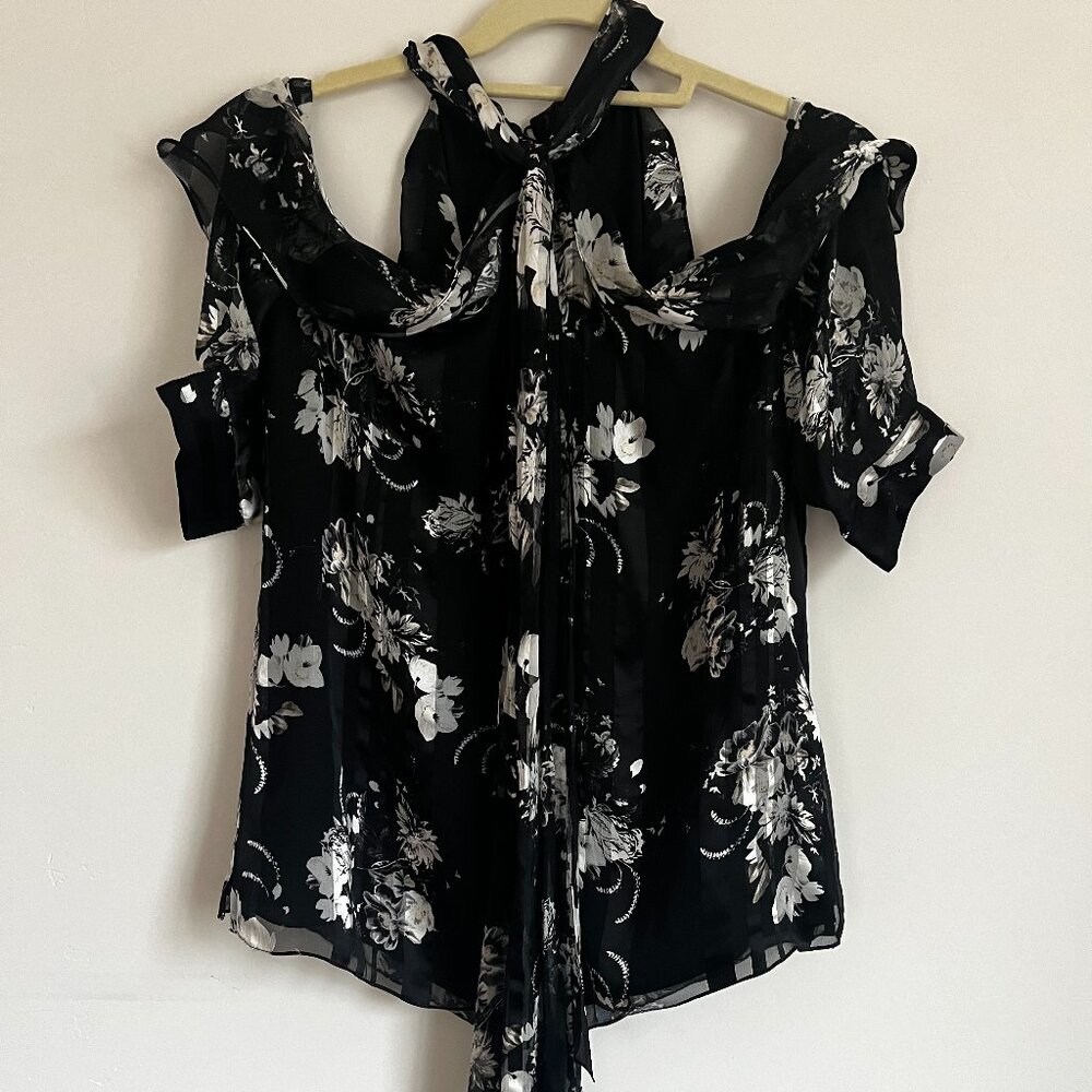 Erdem Womens Silk Floral Print Blouse Cold Shoulder 3/4 Sleeve Black Size 8